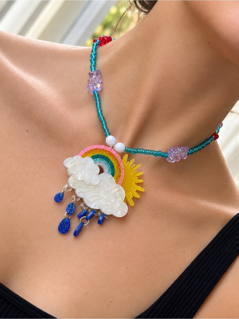 Colorful Rainbow Sun & Cloud Pendant Necklace - Multicolor